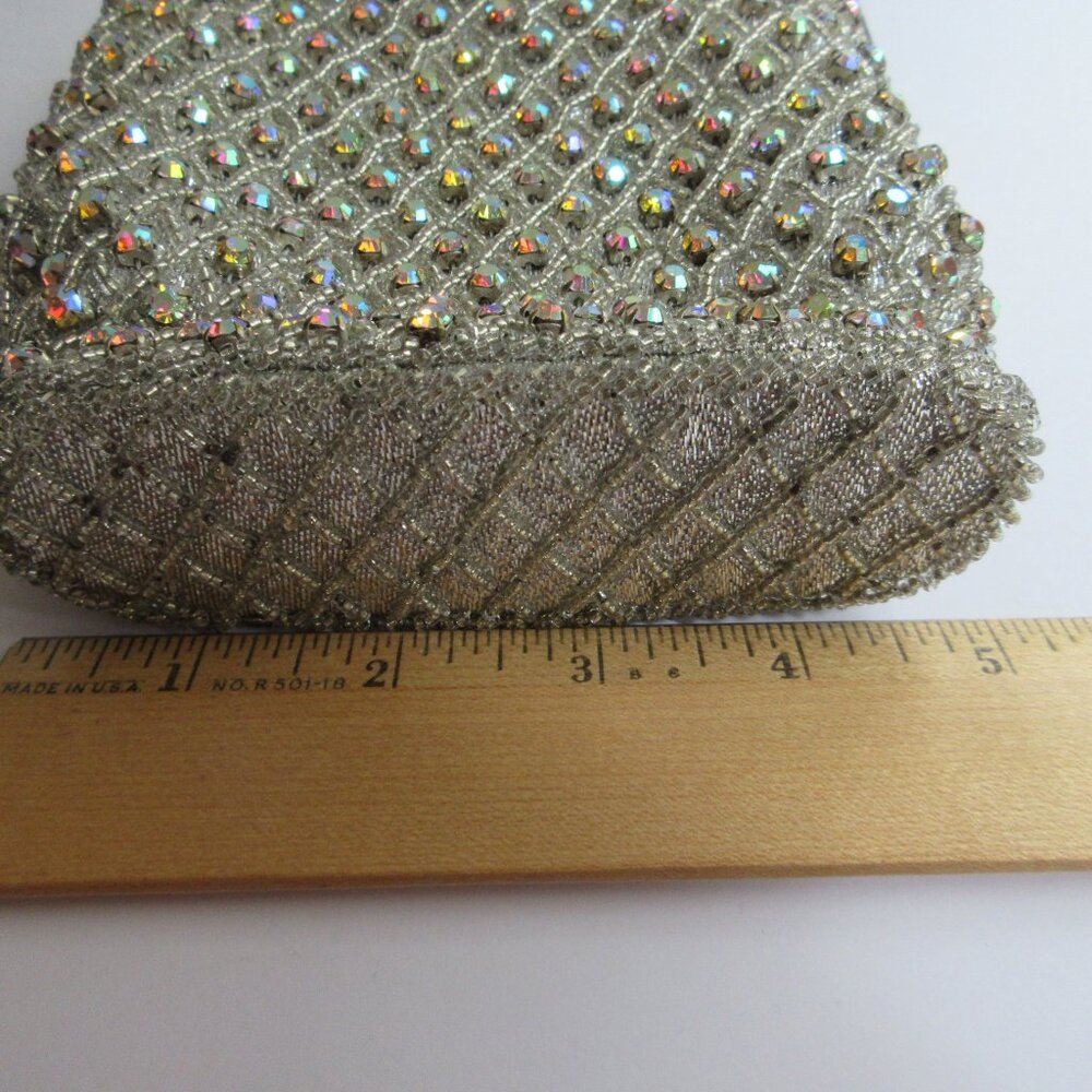 Silver Seed Bead AB Rhinestone Evening Bag Purse Metal Frame Kiss Lock Hong Kong - Picture 12 of 16